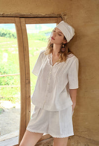 Petite Studio's Elodie Embroidered Linen Shorts in White