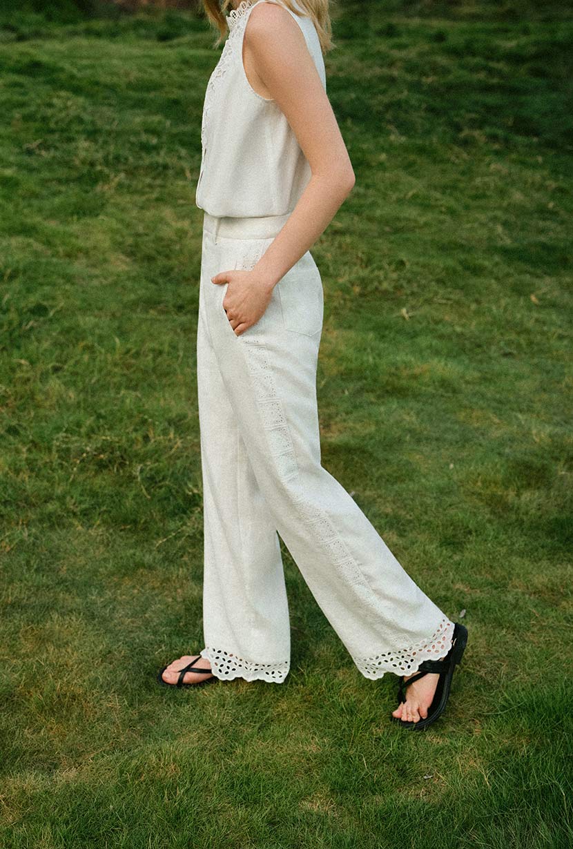 Petite Studio's Dasha Eyelet Linen Pants in White
