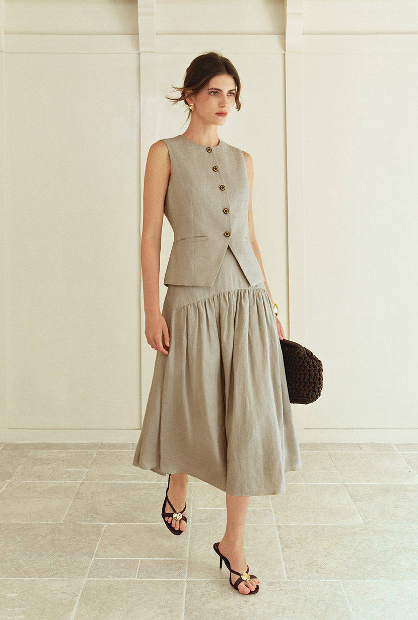 Petite Studio's Atticus Linen Midi Skirt in Sand