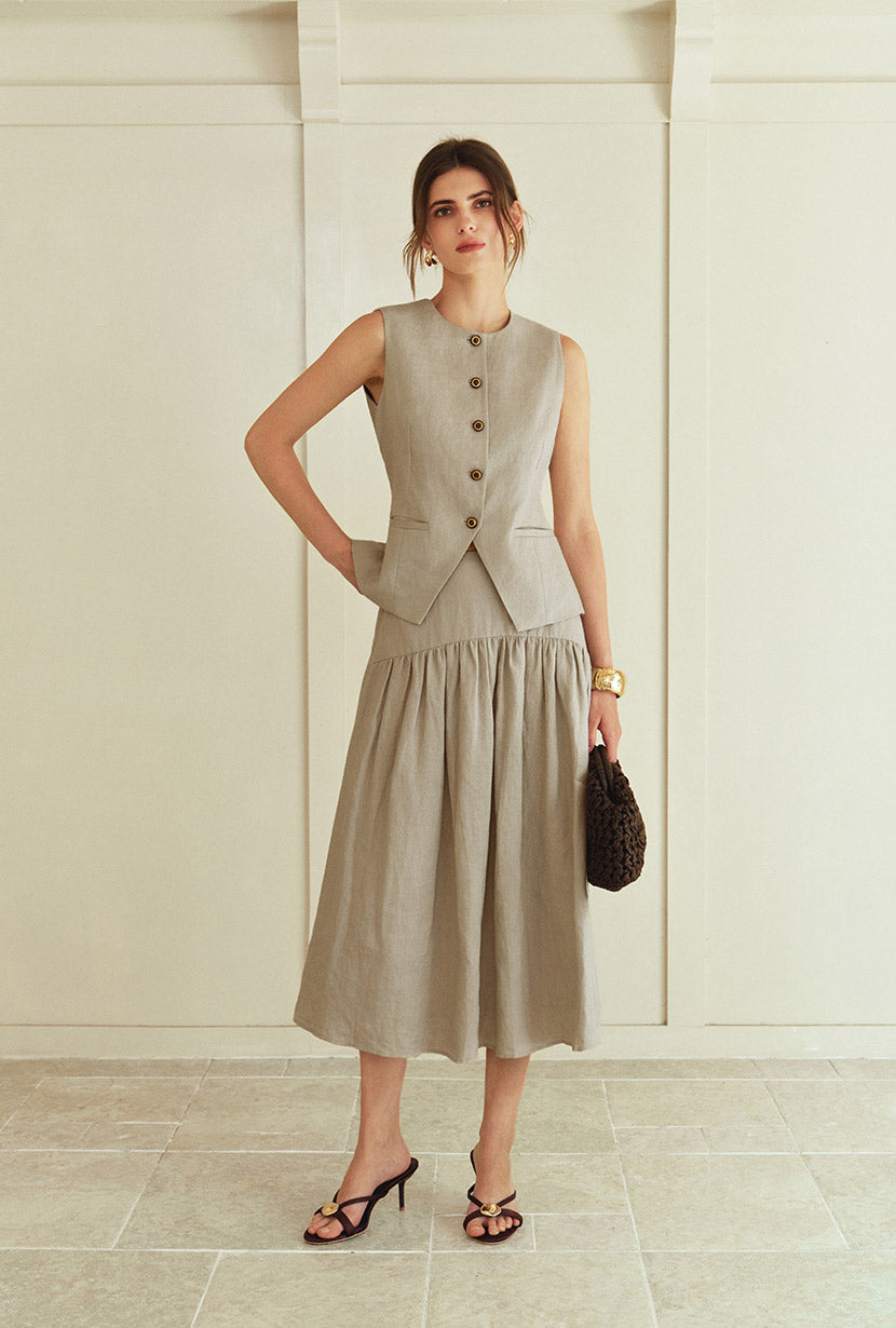 Petite Studio's Atticus Linen Midi Skirt in Sand