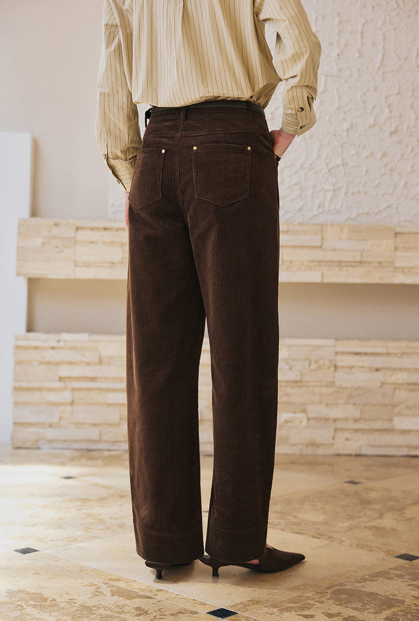 Petite Studio's Emani Corduroy Barrel Pants in Brown