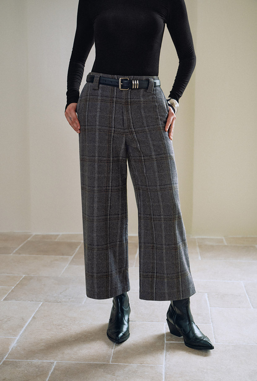 Petite Studio's Parker Cropped Wool Pants in Grey Plaid - Petite
