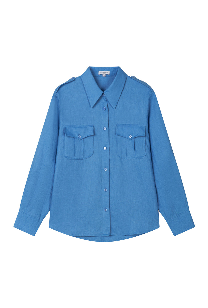 Petite Studio's Dana Linen Shirt Jacket in Blue