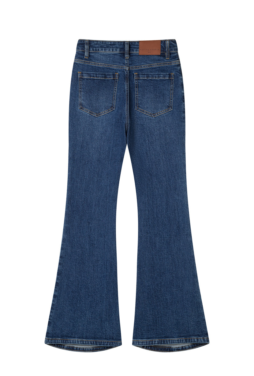 Petite Studio's Asher Mid-Rise Flared Jeans in Vintage Blue