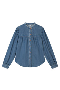 Petite Studio's Benj Embroidered Denim Blouse in Blue
