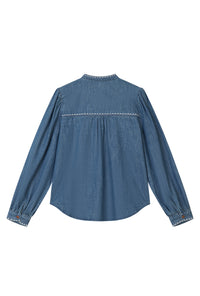 Petite Studio's Benj Embroidered Denim Blouse in Blue