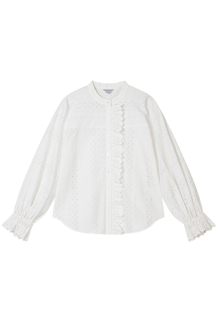 Petite Studio's Calen Embroidered Ruffled Cotton Blouse in Ivory