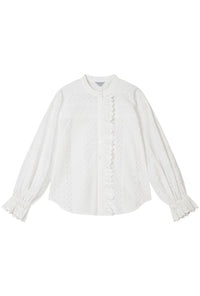 Petite Studio's Calen Embroidered Ruffled Cotton Blouse in Ivory