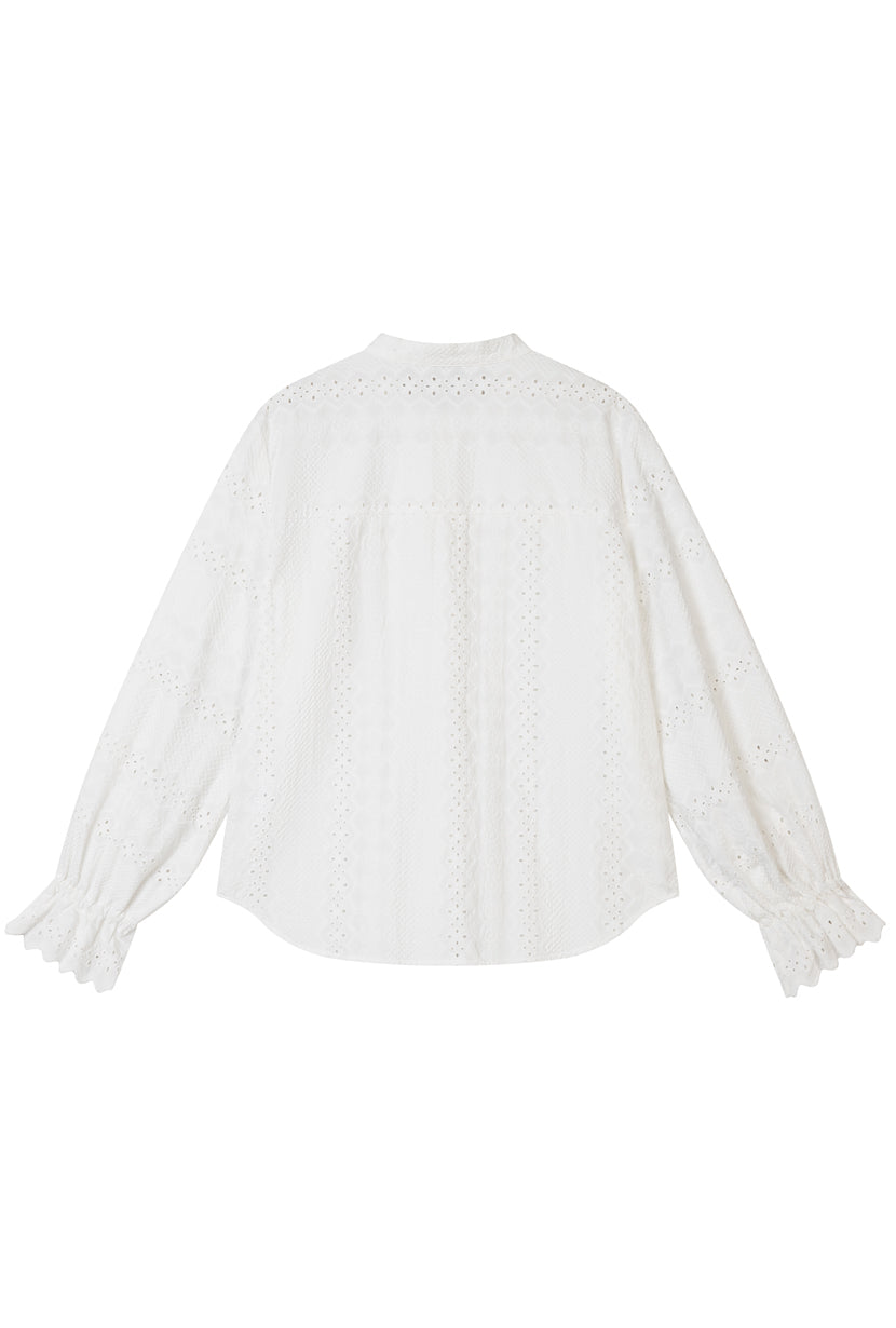 Petite Studio's Calen Embroidered Ruffled Cotton Blouse in Ivory