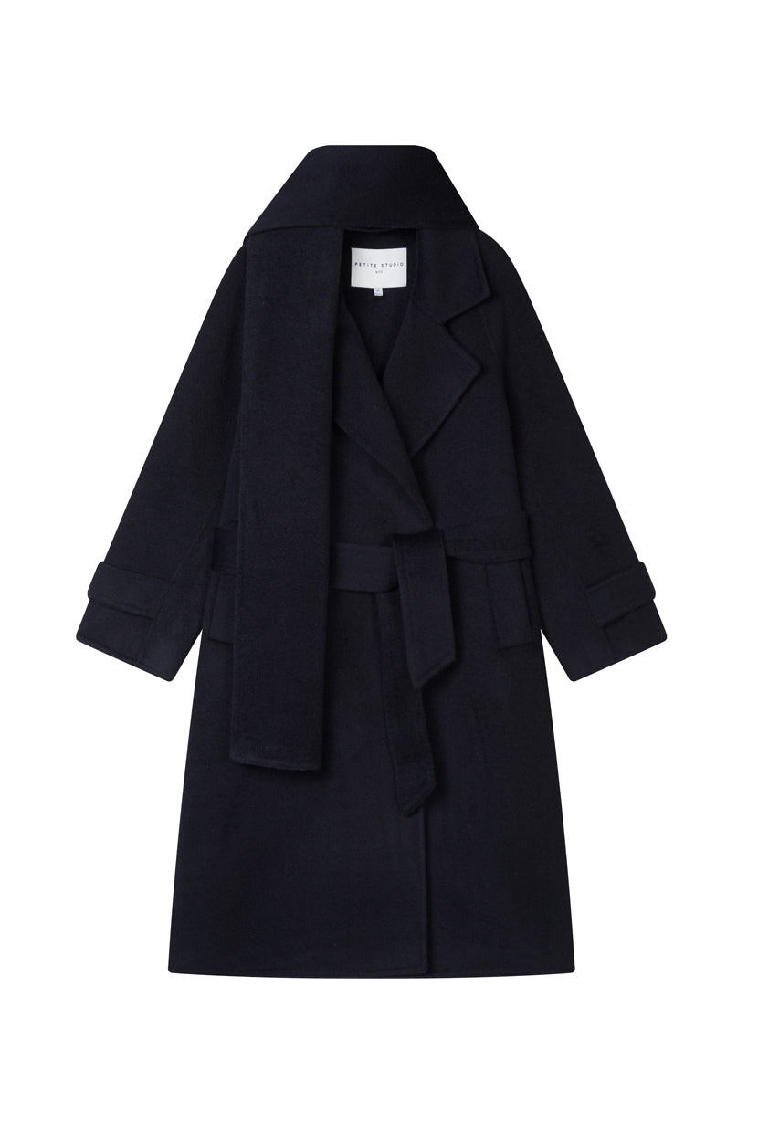 Petite Studio's Carina Wool Scarf Coat in Navy 