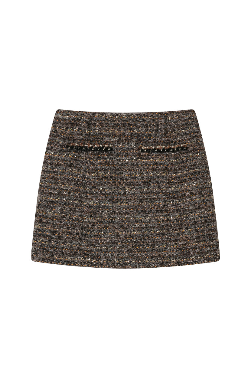 Petite Studio's Ashton Mini Wool Tweed Skirt in Charcoal 