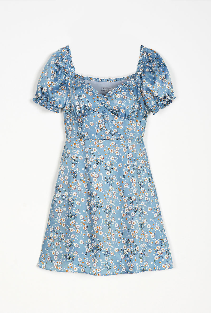 Maisy Dress - Blue Floral - blue floral flared mini dress with sweetheart neckline and ruffle at neckline and sleeve - Petite Studio NYC 