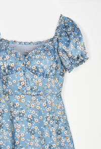 Maisy Dress - Blue Floral - blue floral flared mini dress with sweetheart neckline and ruffle at neckline and sleeve - Petite Studio NYC 