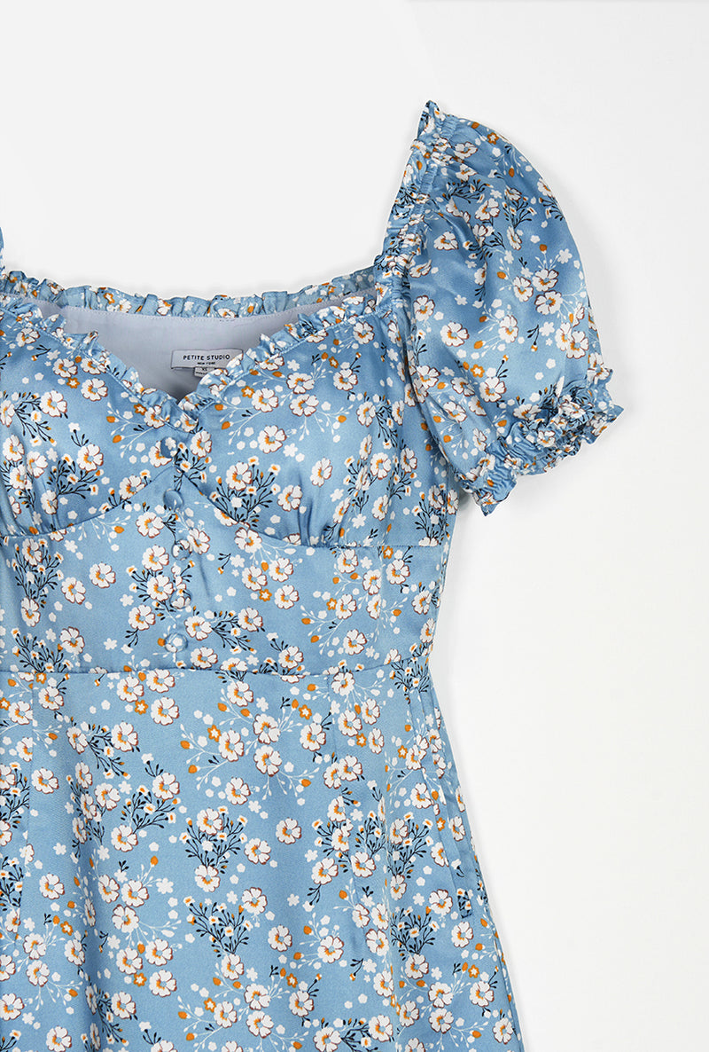 Maisy Dress - Blue Floral - blue floral flared mini dress with sweetheart neckline and ruffle at neckline and sleeve - Petite Studio NYC 