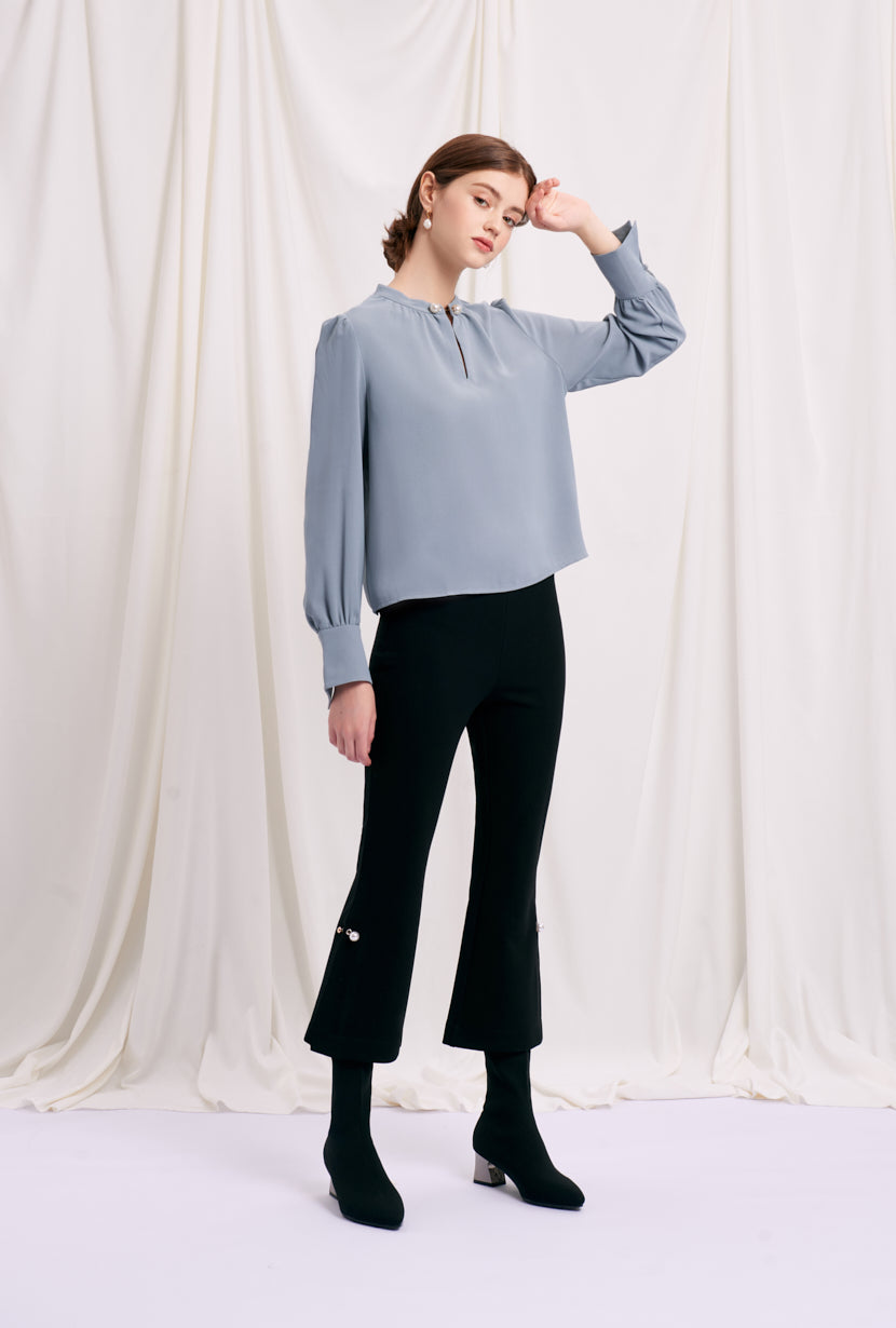 Petite Studio's Office-Appropriate Buvette Pearl Blouse in Dusty Blue