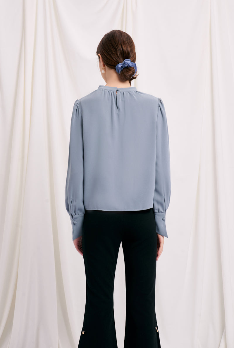 Petite Studio's Office-Appropriate Buvette Pearl Blouse in Dusty Blue