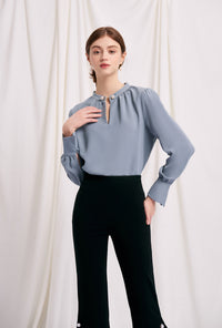 Petite Studio's Office-Appropriate Buvette Pearl Blouse in Dusty Blue