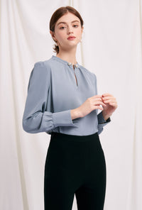 Petite Studio's Office-Appropriate Buvette Pearl Blouse in Dusty Blue