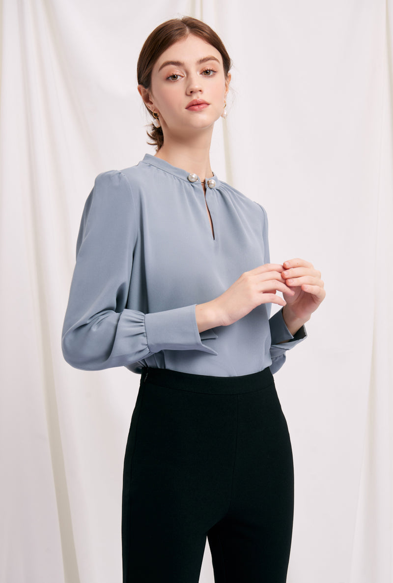 Petite Studio's Office-Appropriate Buvette Pearl Blouse in Dusty Blue