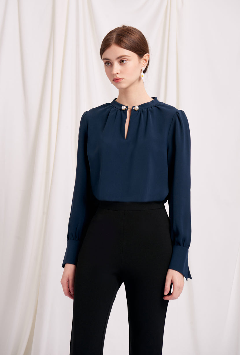Petite Studio's Office-Appropriate Buvette Pearl Blouse in Navy