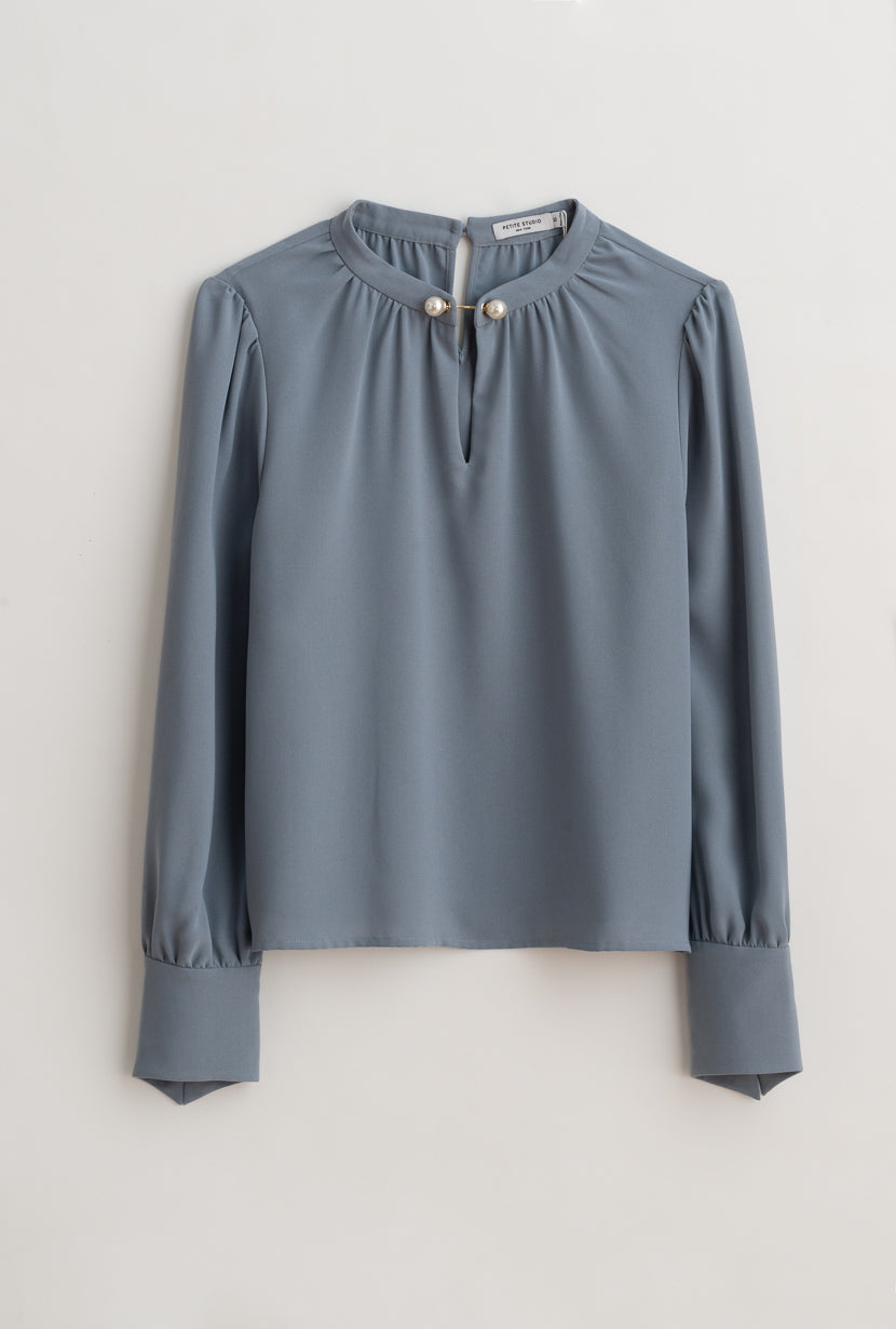 Petite Studio's Office-Appropriate Buvette Pearl Blouse in Dusty Blue