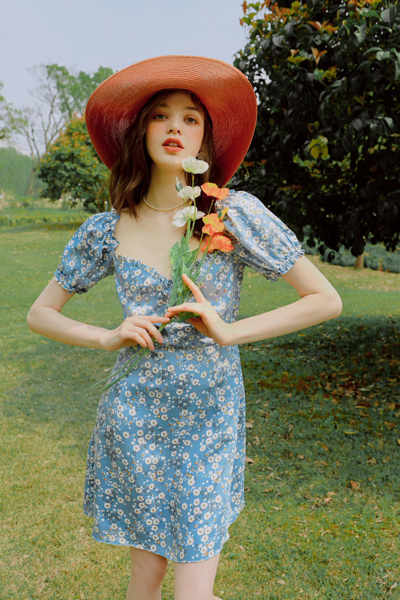 Maisy Dress - Blue Floral - blue floral flared mini dress with sweetheart neckline and ruffle at neckline and sleeve - Petite Studio NYC