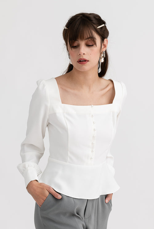 Viola Top - Ivory - White pearl-button square neck blouse - Petite Studio NYC