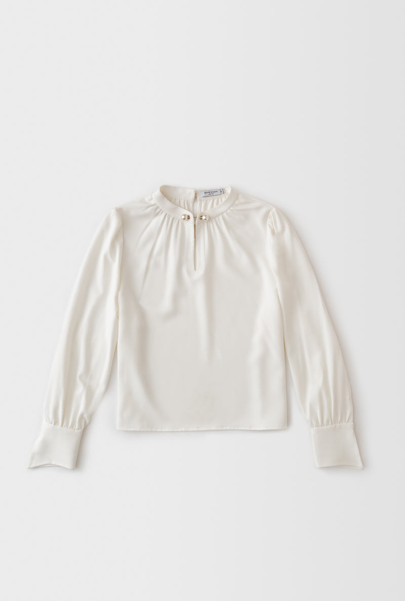 Petite Studio's Office-Appropriate Buvette Pearl Blouse in Ivory