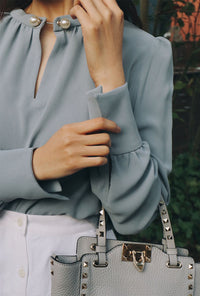 Petite Studio's Office-Appropriate Buvette Pearl Blouse in Dusty Blue