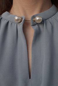 Petite Studio's Office-Appropriate Buvette Pearl Blouse in Dusty Blue